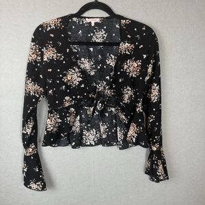 Y2K Black Floral Deep V-Neck Peplum Front Tie Bolero Long Bell Sleeve Sz M
